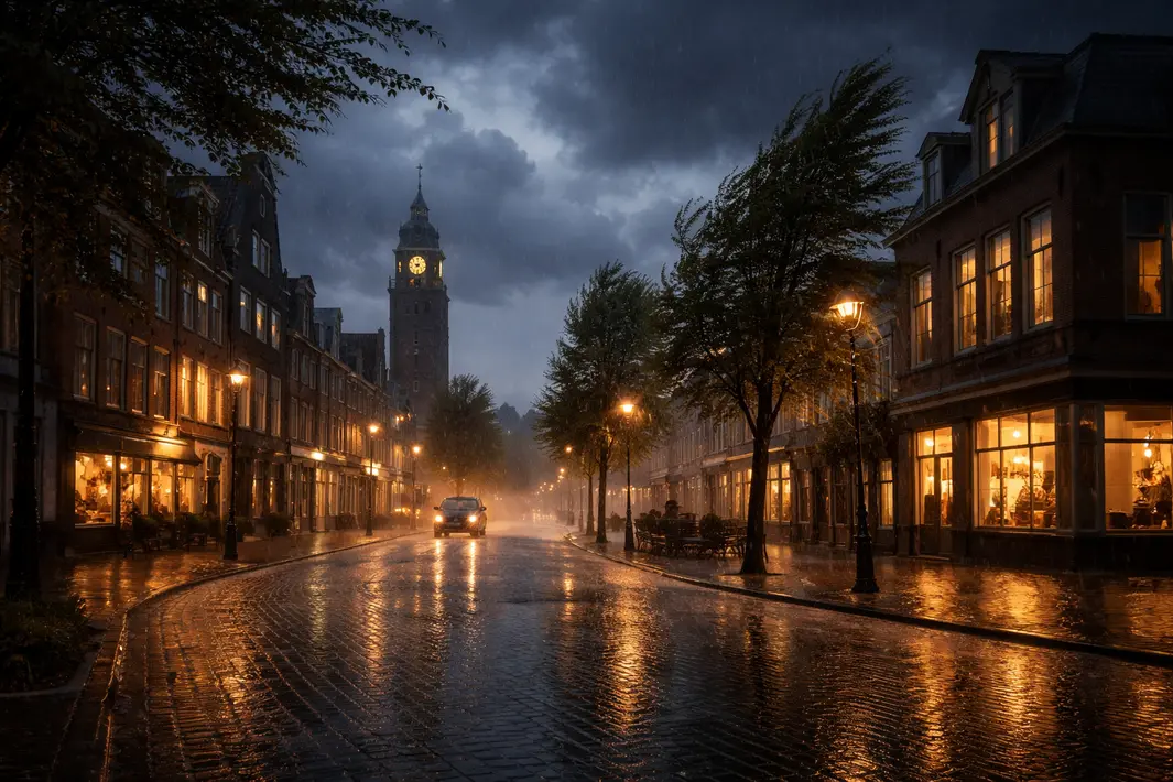 Bewolkte en regenachtige nacht met matige wind voorspeld in Apeldoorn