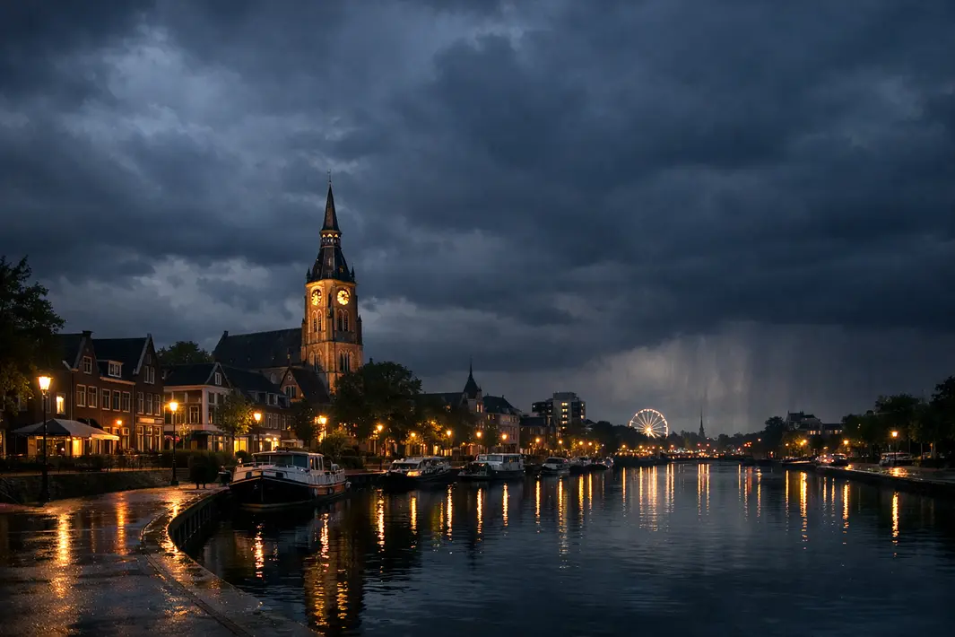 Nacht in Apeldoorn met veel bewolking en kans op een bui