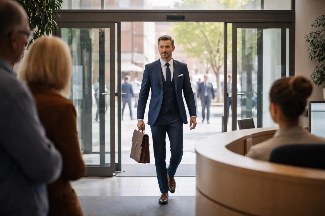 Ongewone binnenkomst van bezoeker in driedelig pak valt op